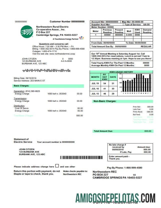 imprimível Modelo de conta de serviços públicos elétricos rurais do noroeste dos EUA, totalmente editável em formato Word e PDF